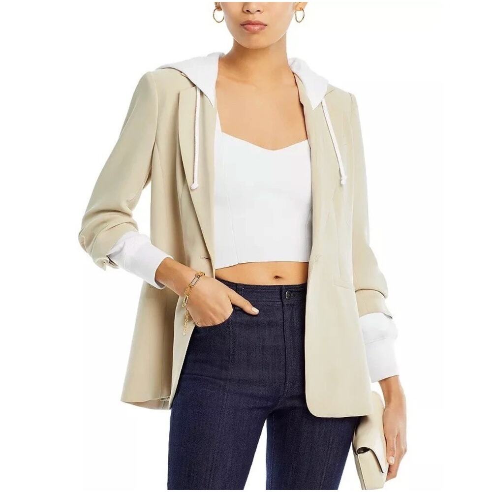NWT Cinq a Sept HOODED Blazer KHLOE JACKET KHAKI WHITE Size 2 Ruched Sleeves